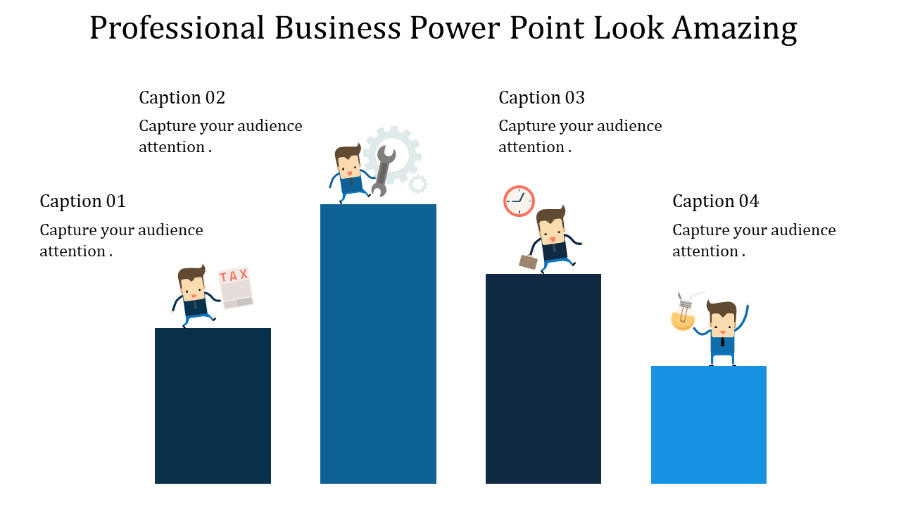 Business themed infographic with characters and icons representing tasks atop ascending blue bars.