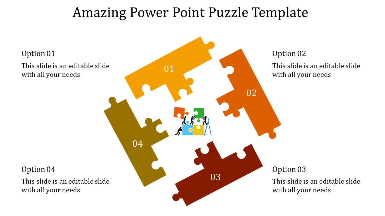 Color-coded puzzle diagram illustrating four options with captions, symbolizing teamwork and interconnected ideas.