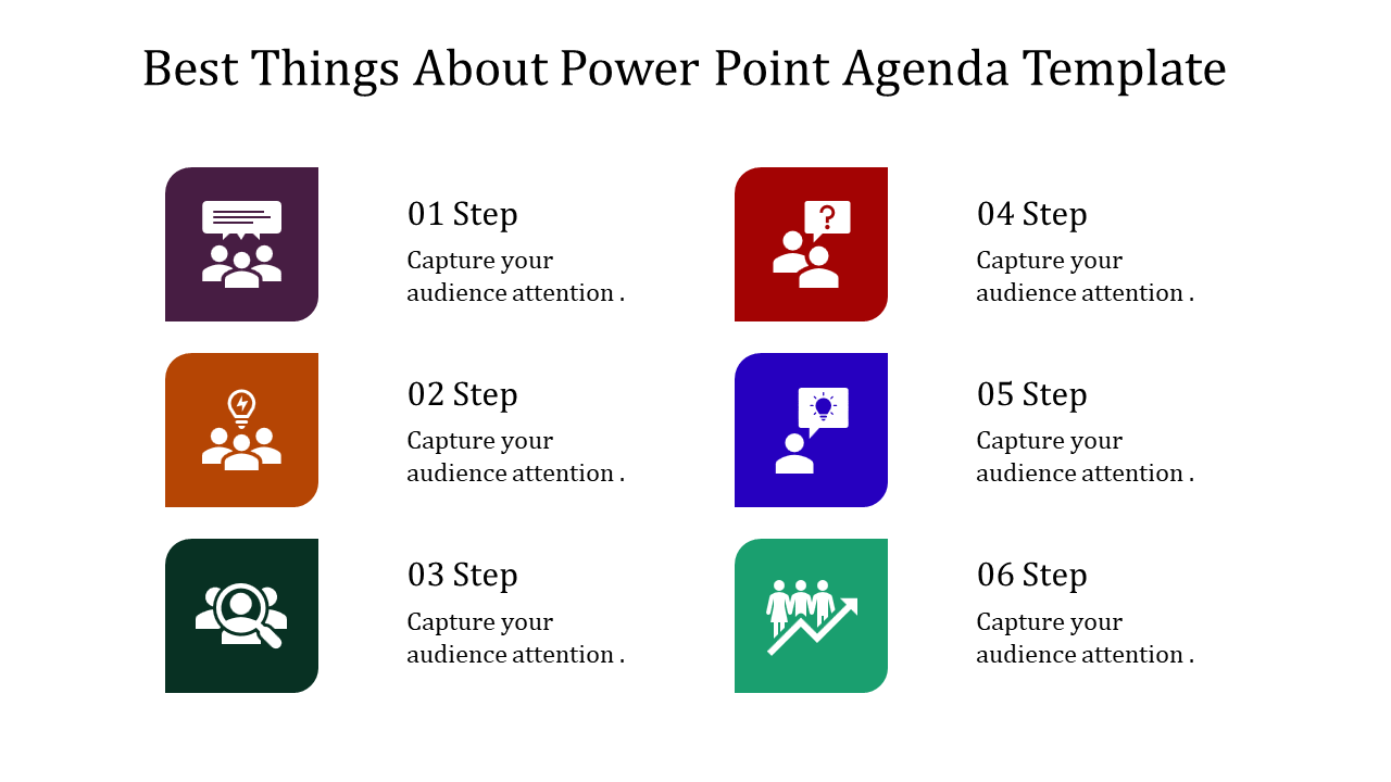 Agenda PPT template featuring six colorful steps with icons and descriptions.