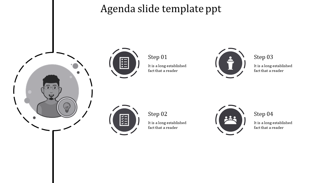 Gray agenda PPT slide with a person icon and four numbered steps with various related icons and placeholder text.