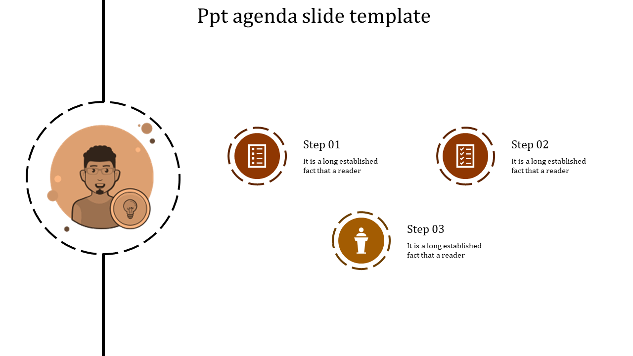 Agenda PowerPoint slide with a person icon and three numbered steps with corresponding icons in orange tones.