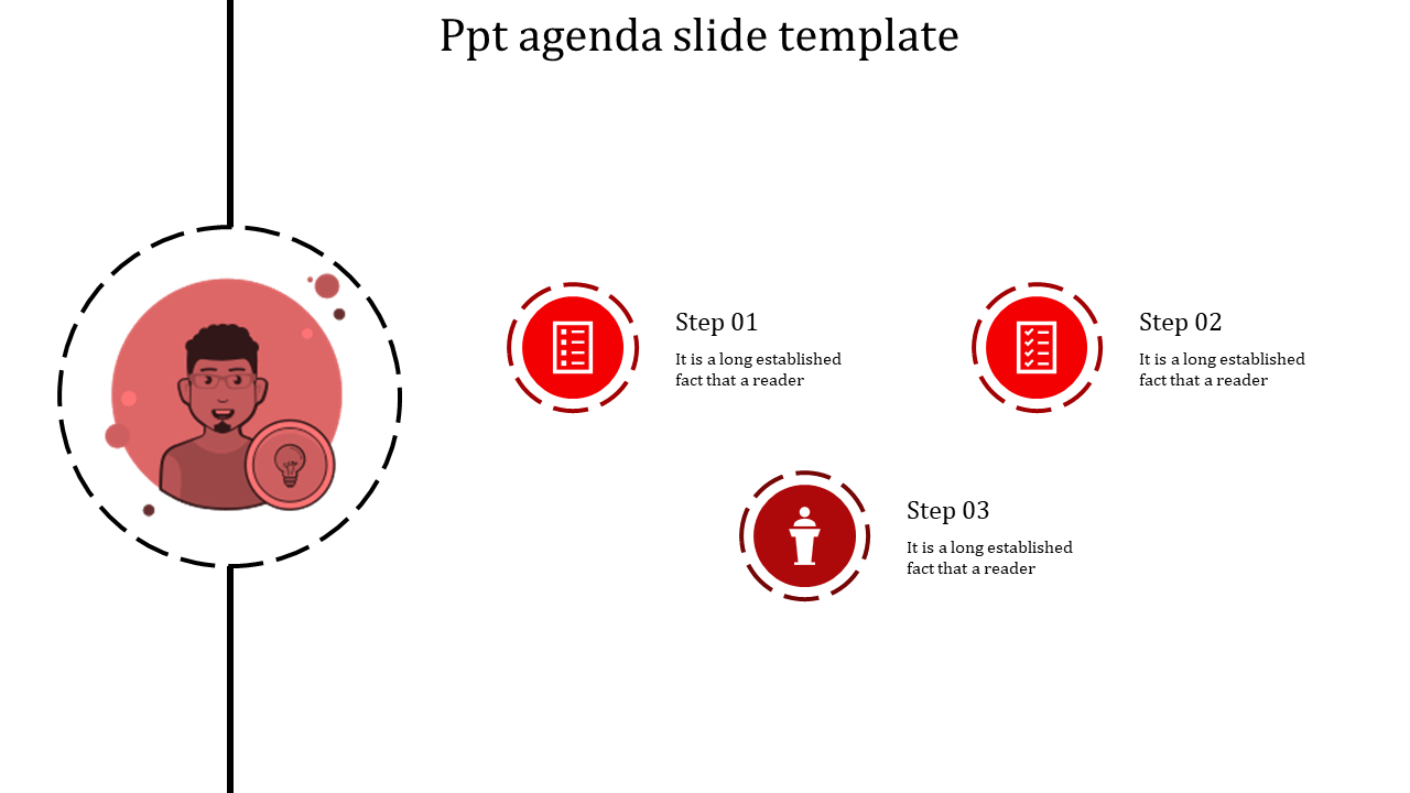 Minimalist agenda slide with a bold red theme, featuring a person icon and three steps with checklist and speaker symbols.