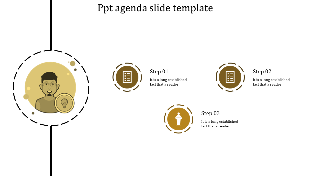 Agenda PowerPoint slide with a person icon and three numbered steps with corresponding icons in yellow tones.