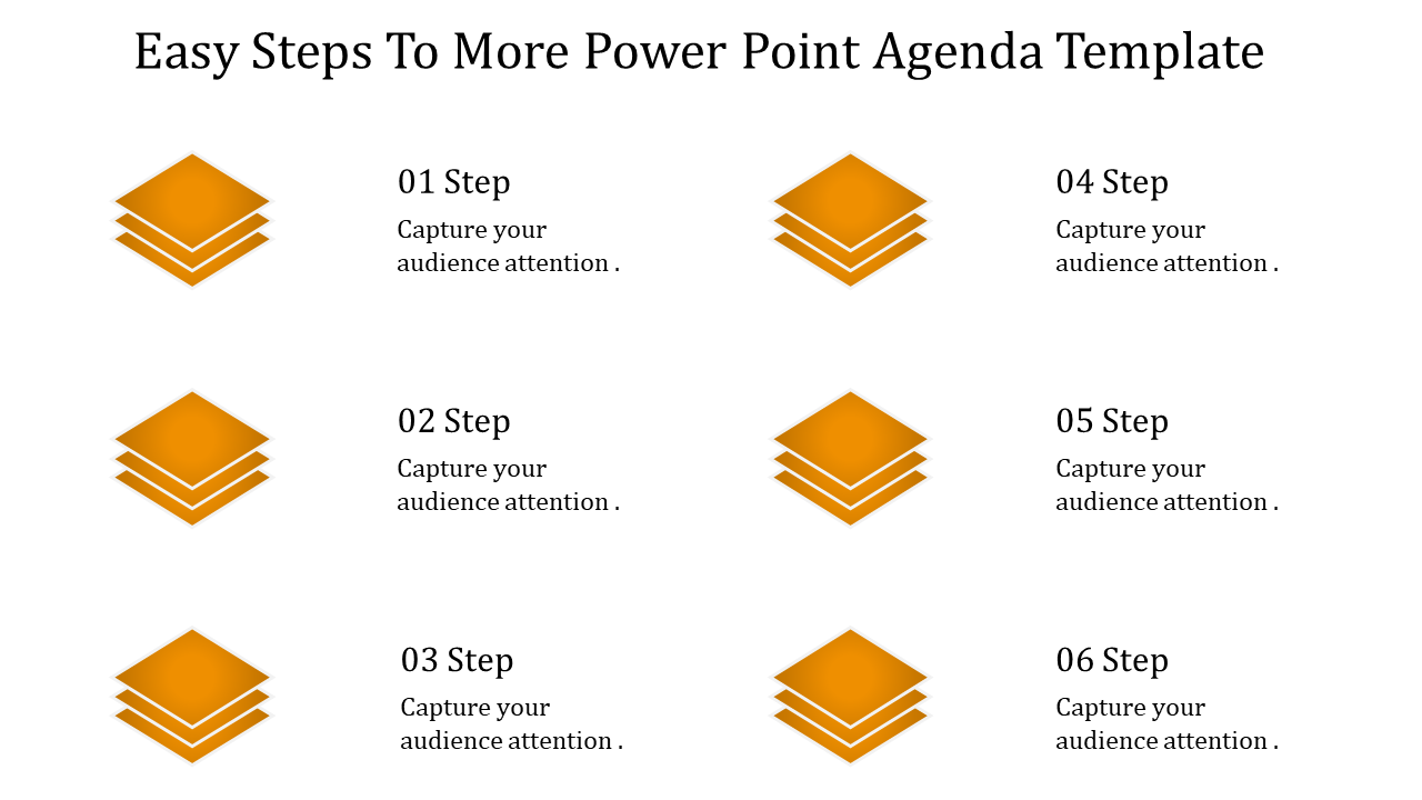 Agenda PowerPoint slide with stacked icon steps, labeled from 01 Step to 06 with captions.