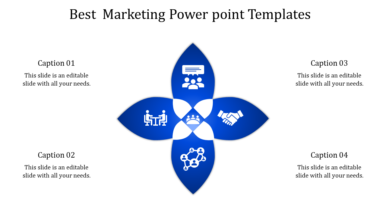 Slide featuring four blue petal shaped design with icons, surrounded by captions in white spaces.