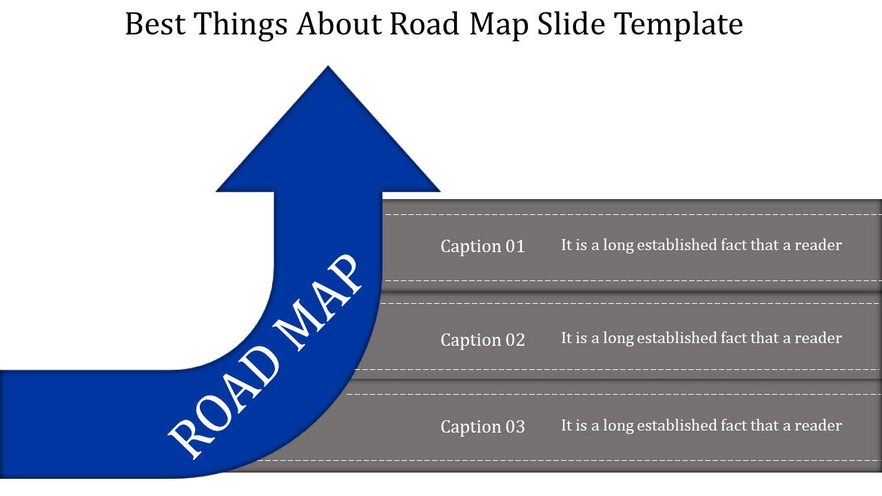 A blue arrow pointing upwards with the text and three horizontal sections labeled as captions.
