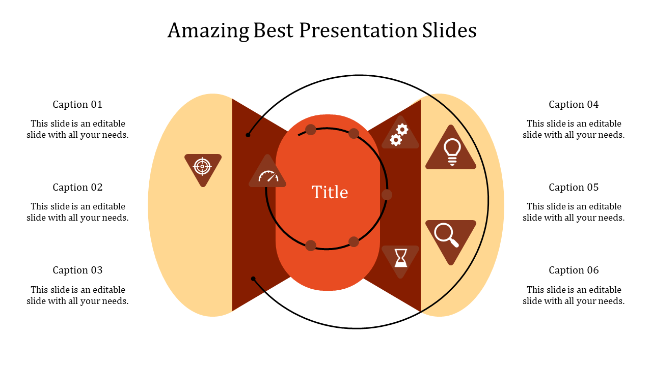 Slide with a central orange circle, brown triangular icons, and symmetrical captions in a light yellow background.