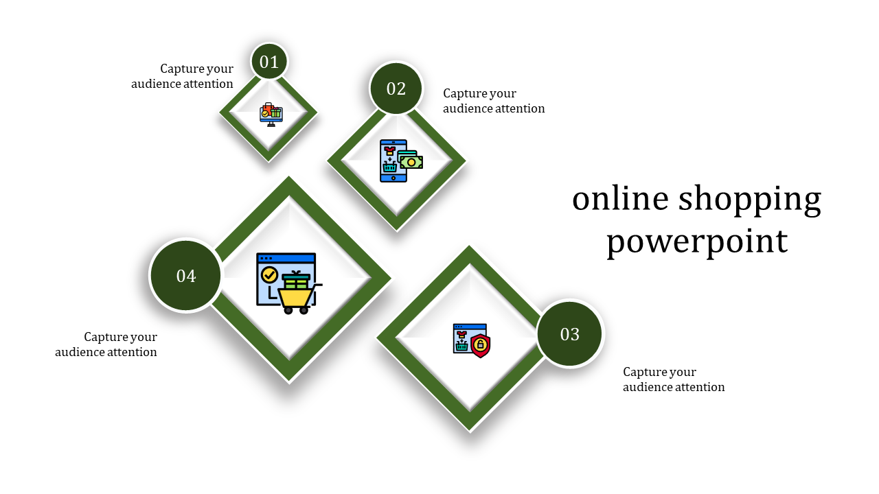 Online shopping template with four diamond green frames containing icons of shopping carts, payment methods, and security.