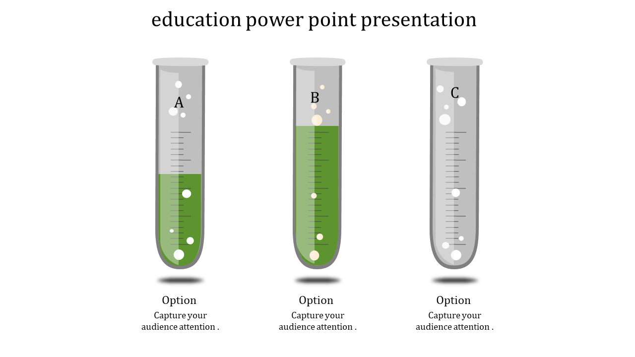 Education PowerPoint slide featuring test tubes with labeled options.