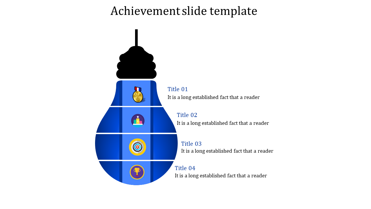 Achievement slide with a lightbulb design in blue, featuring icons of a medal, star, target, and trophy for titles 01 to 04.
