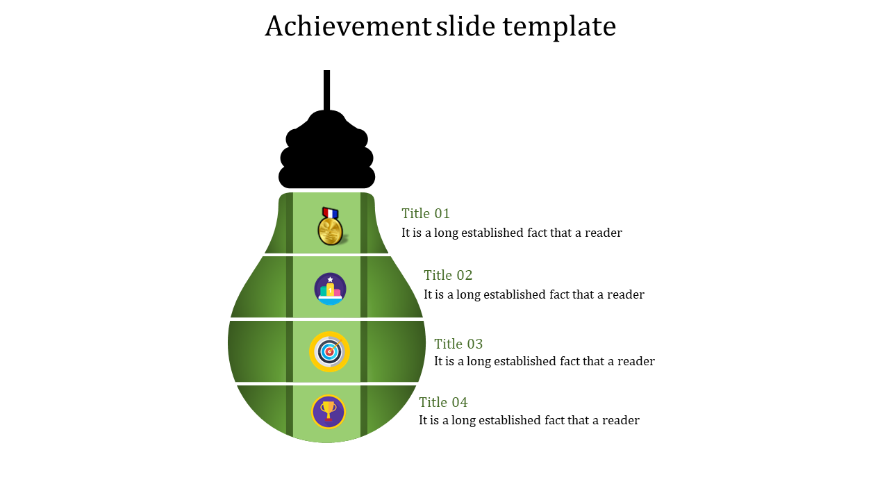 Green light bulb shaped infographic with four sections featuring icons symbolizing achievements.