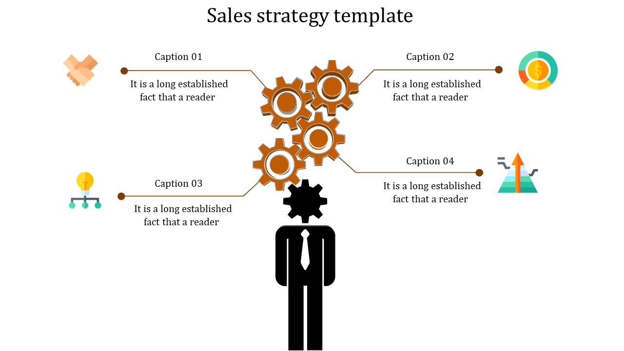 Sales strategy PPT slide with a central figure surrounded by gears each linked to a caption and an icon with different steps.