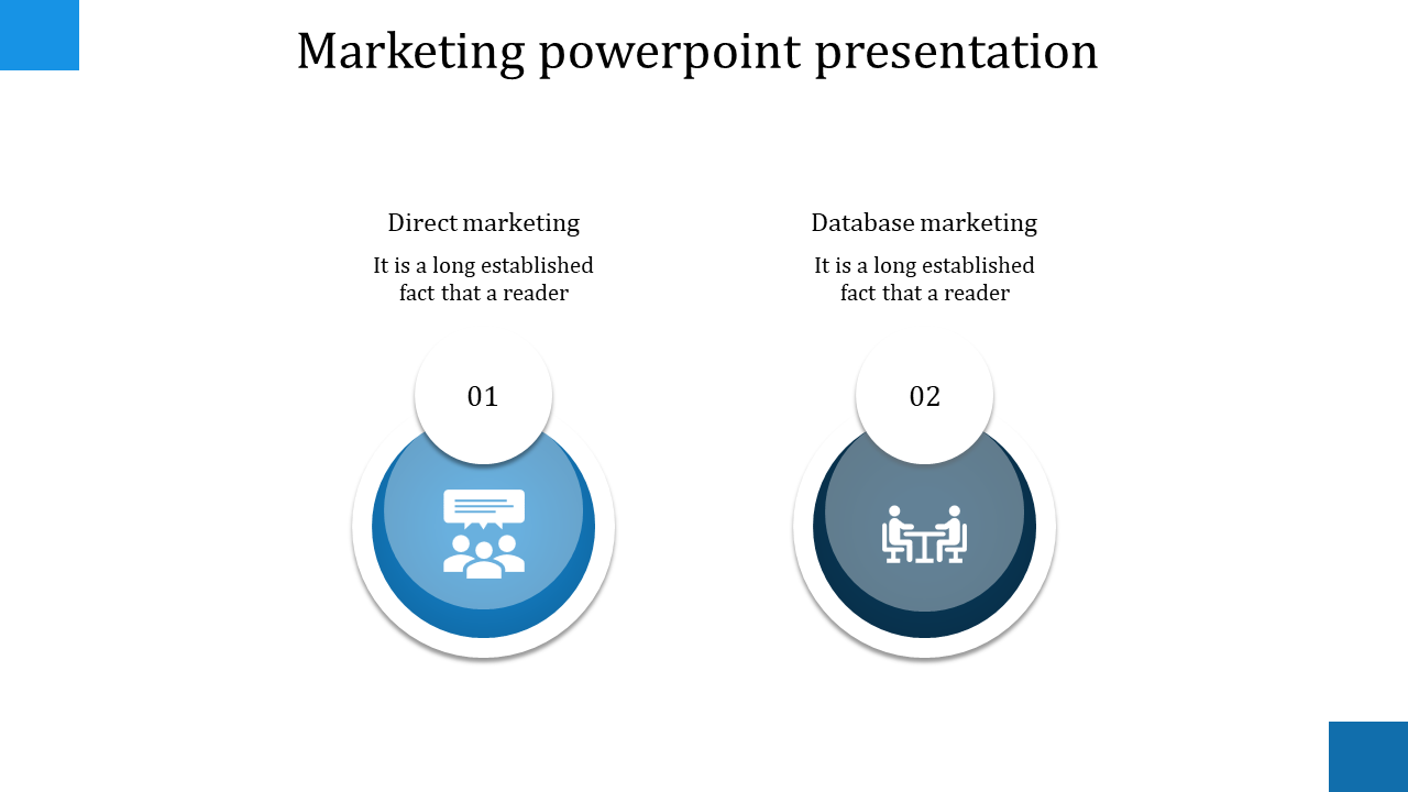 Marketing slide with two blue gradient circular elements featuring icons and text below each section
