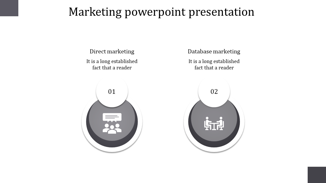 Horizontal layout with two gray circles, each containing icons and labels, representing marketing strategies.