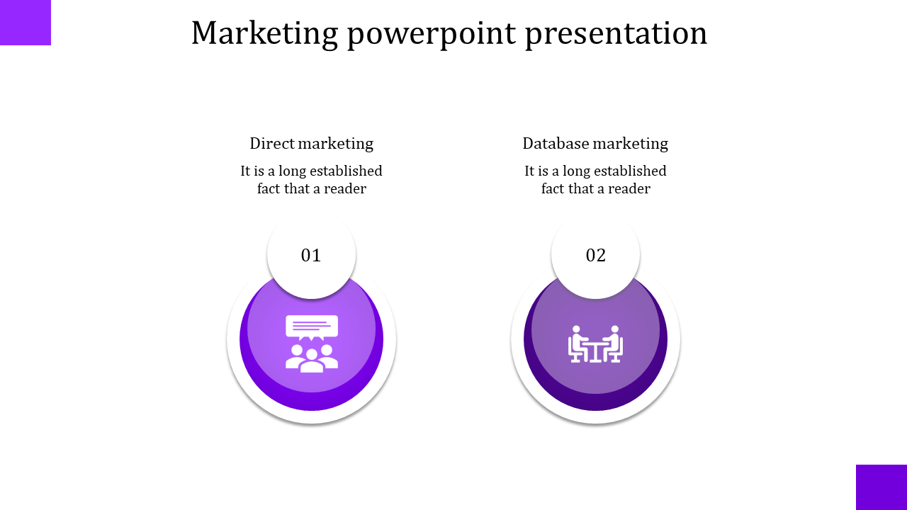 Purple themed marketing PPT slide featuring Direct marketing and Database marketing, with numbered icons and descriptions.