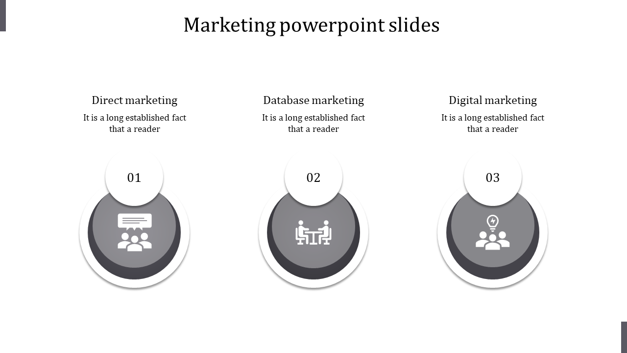 Three gray circular shapes with icons, aligned horizontally, depicting marketing methods on a white background.