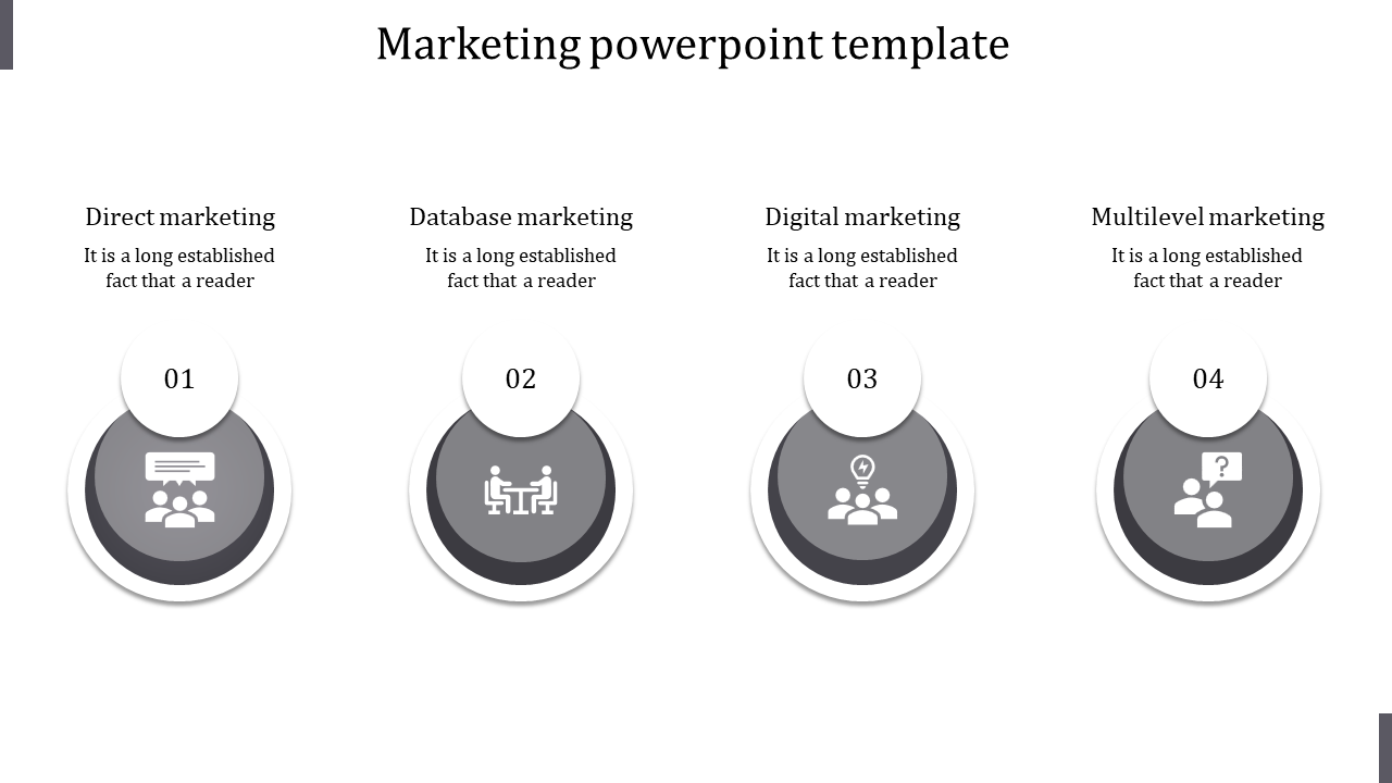 Marketing PPT slide with four sections Direct, Database, Digital, and Multilevel marketing, displayed with gray icons.