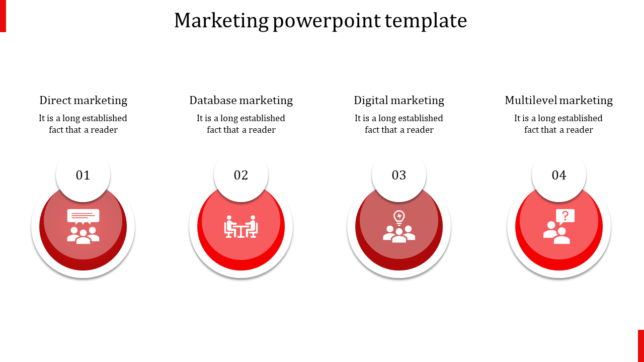 Red gradient circles illustrating types direct, database, digital, and multilevel marketing, aligned in a row with captions.