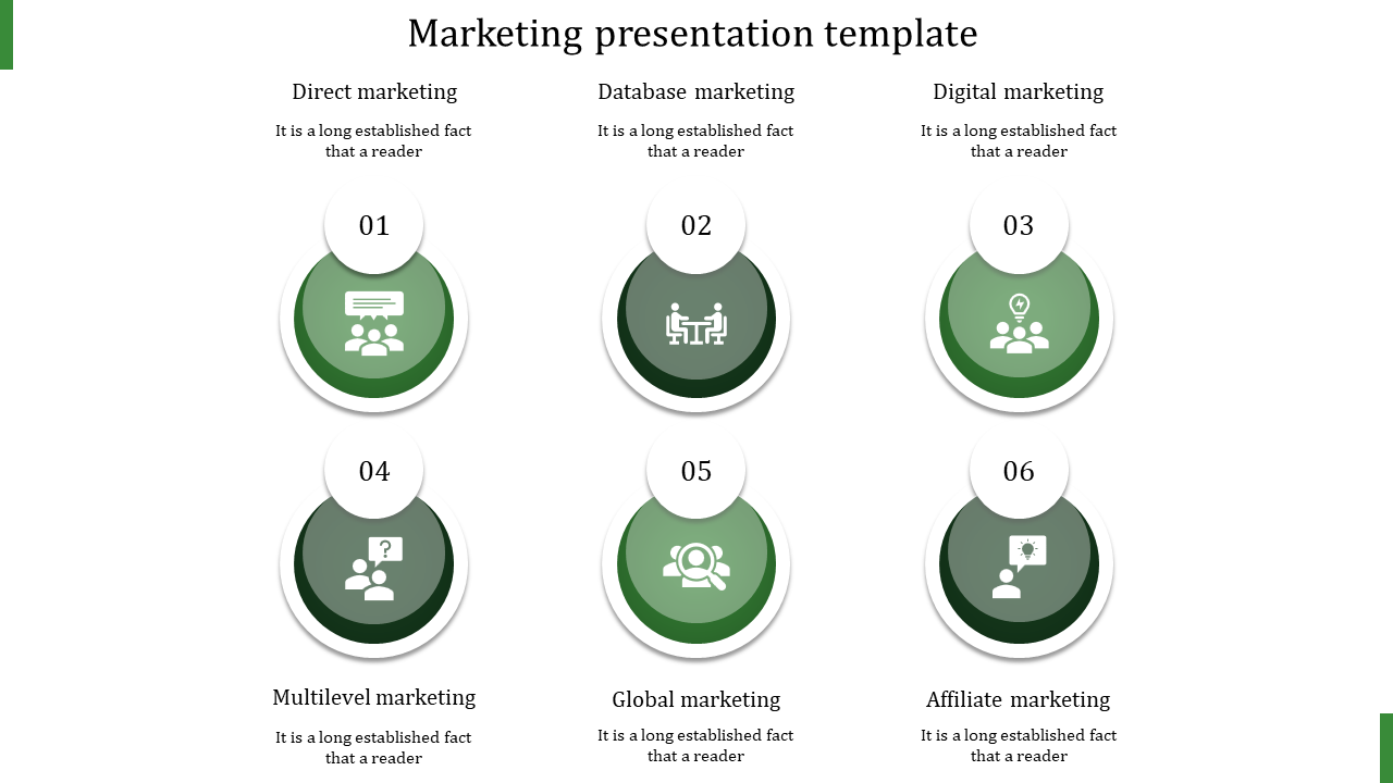 PPT slide displaying six marketing approaches with green circular icons, numbered sections, and placeholder descriptions.