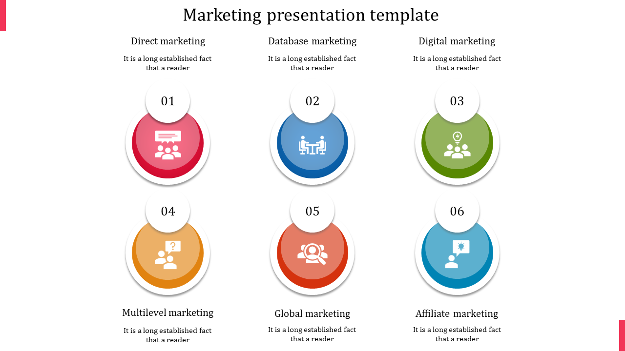 Horizontal layout with multicolor gradient circular icons labeled from 01 to 06, featuring marketing categories.