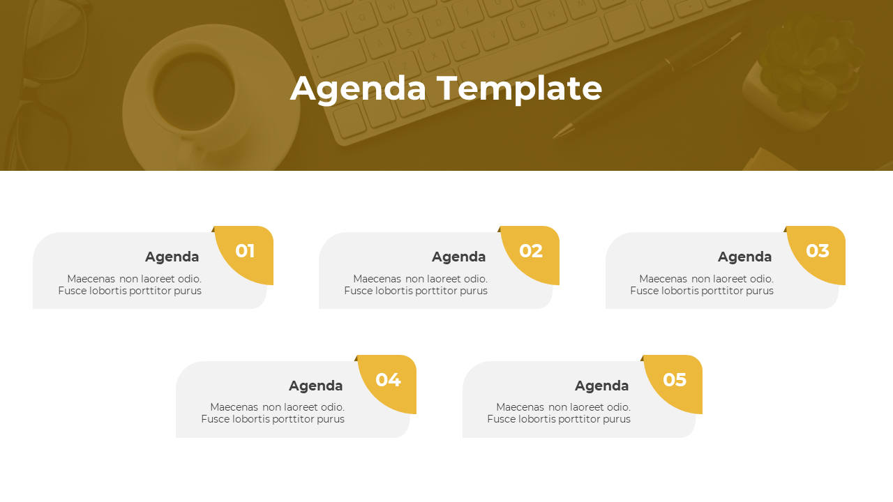 Grid style agenda layout featuring five items, each with a white box, yellow number tag, and text for details.