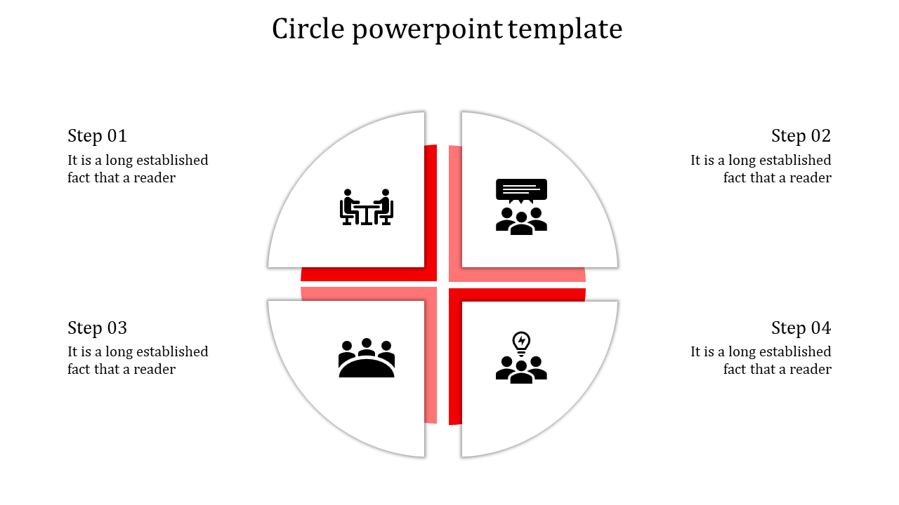 Four section circular PowerPoint template with red highlights and business themed icons for presenting stepwise processes.