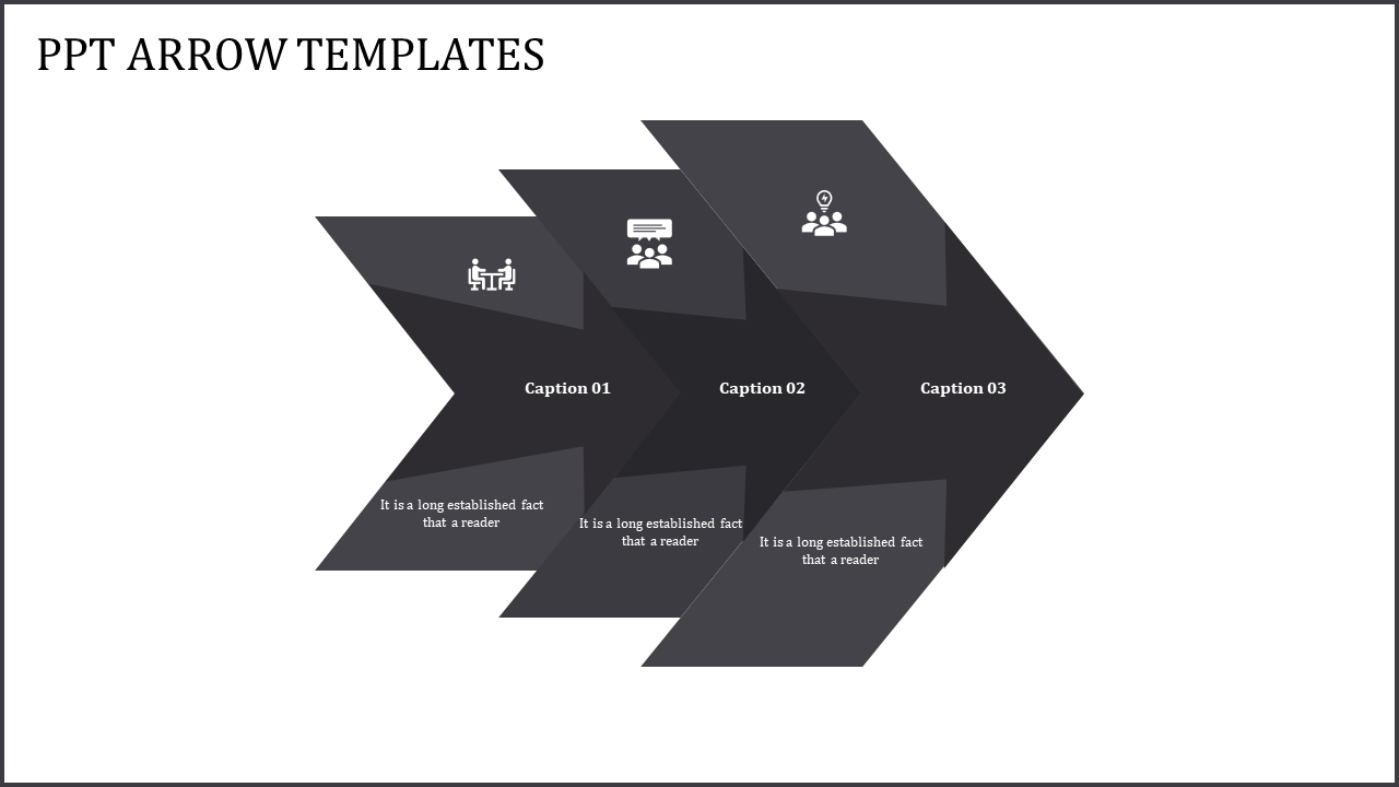 Dark gray overlapping arrow diagram with three segments, each featuring an icon, caption, and supporting text.