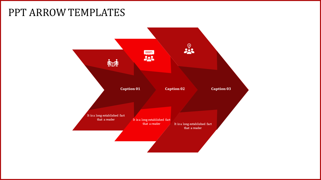Arrow-shaped infographic with three red segments, each labeled with an icon and caption for progression.