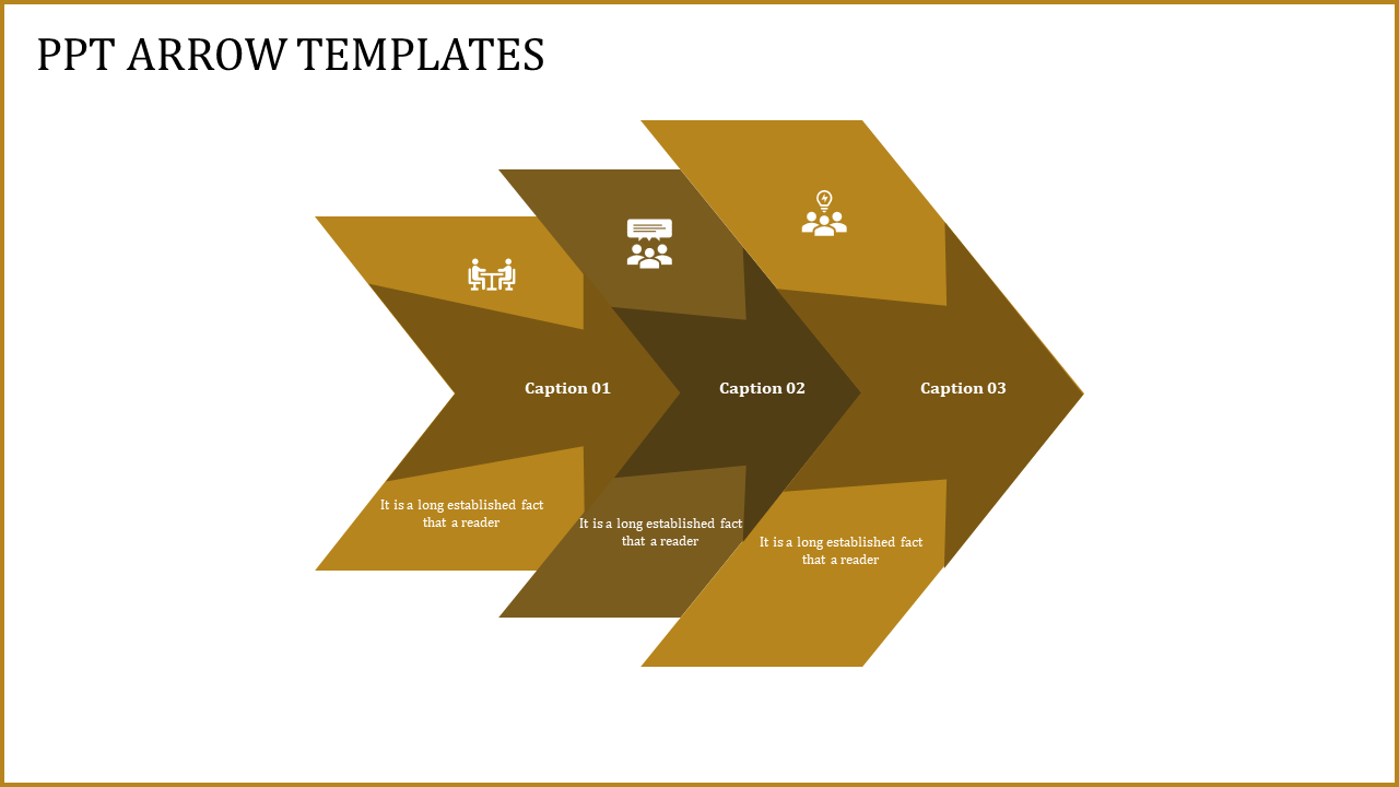 Three overlapping golden arrows with captions and icons, showcase a sequential layout for presentation purposes.