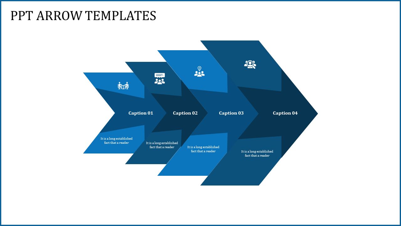 Four overlapping blue arrows with text placeholders and business icons, set on a white background.