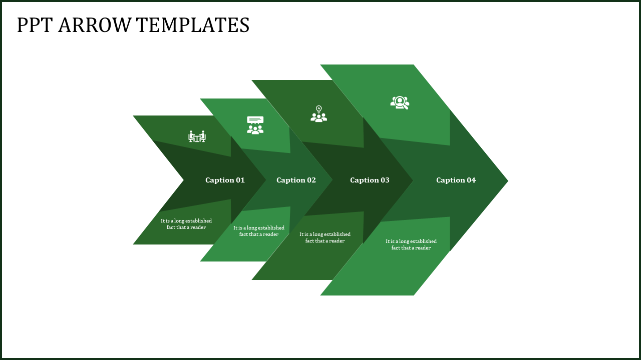 Four step infographic with layered green arrows,  featuring white icons and text placeholders in a simple design.