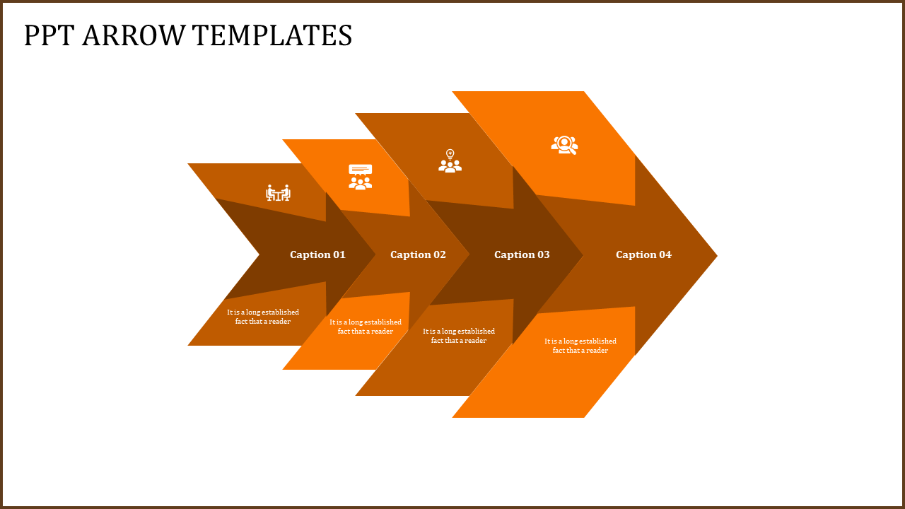 Orange overlapping arrow diagram with four segments, each featuring an icon, caption, and supporting text for presentations.
