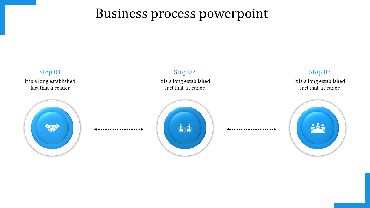 Business process PowerPoint slide with three blue circular icons showing steps: handshake, meeting, and teamwork.