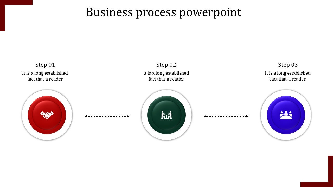 Business process slide with three colorful circular icons representing handshake, meeting, and teamwork with text area.