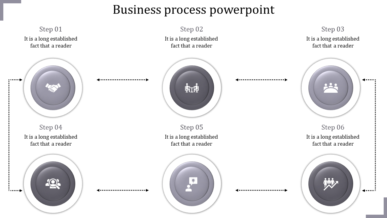 Business process infographic featuring six gray buttons with icons, step numbers, and directional arrows linking them.
