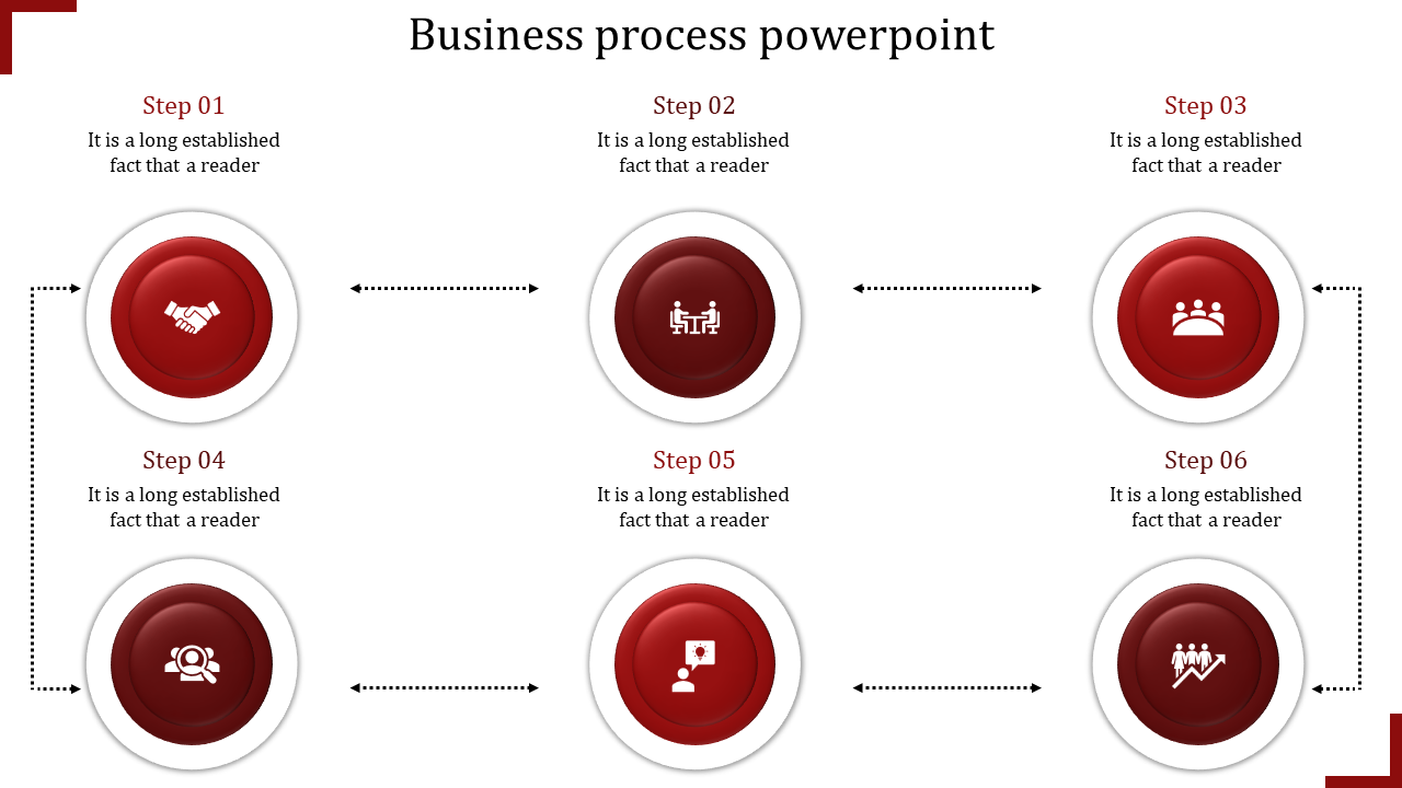 Red icons for a business process flow, representing steps like collaboration, team building, decision making, and growth.