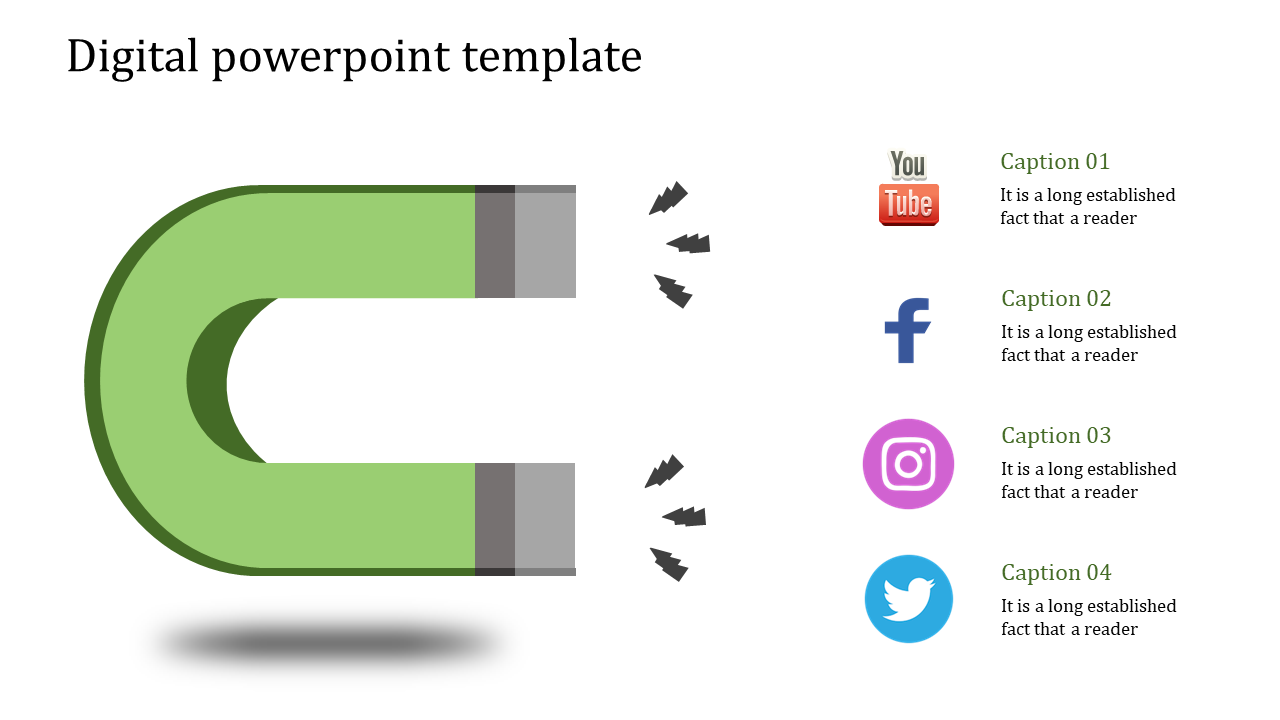 Digital PPT slide showcasing a green magnet attracting YouTube, Facebook, Instagram, and Twitter icons with captions.