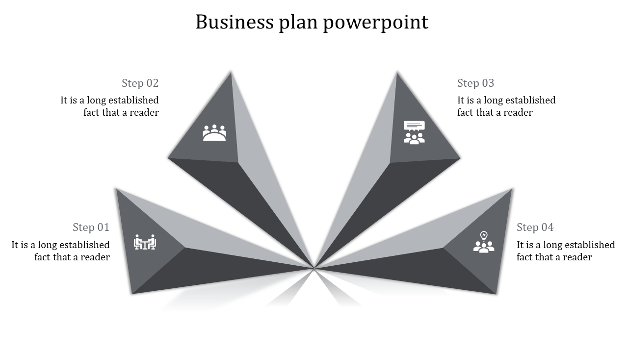 Four grayscale wedges converging at a center point, each with a small icon representing a business plan step.
