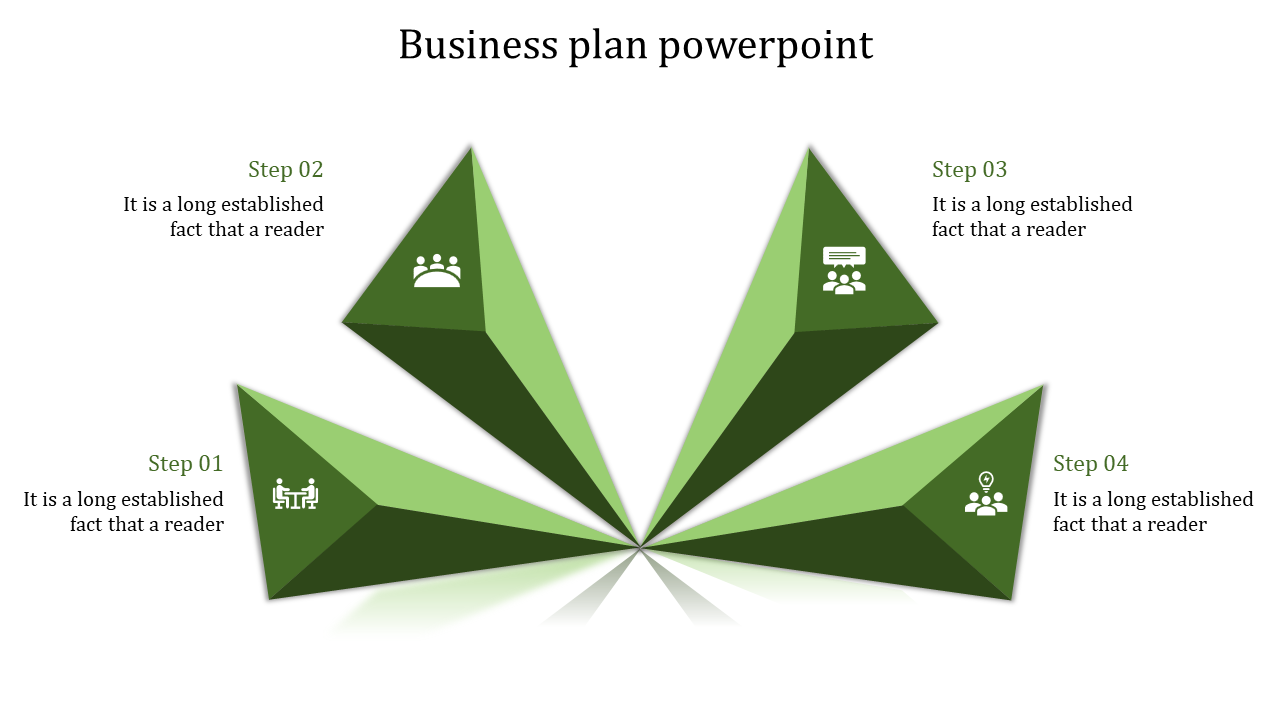 Business plan infographic with four green triangular shapes pointing outward, featuring icons and step descriptions.