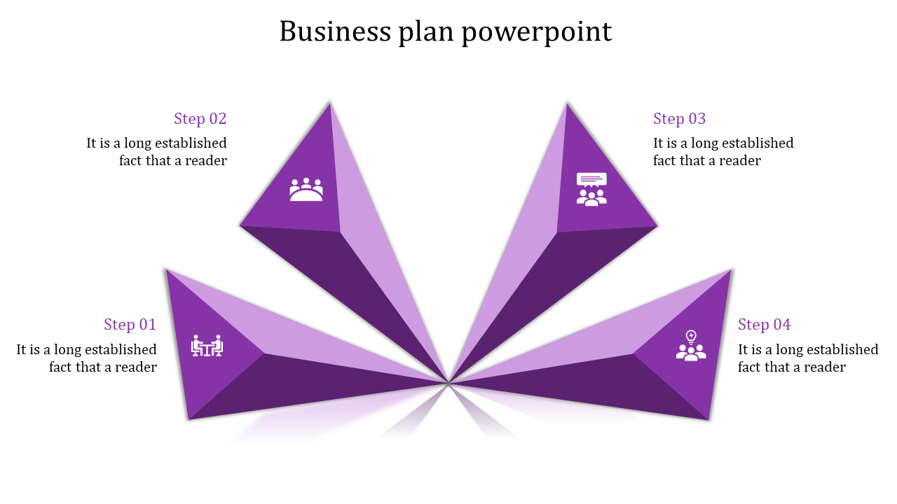 Four purple triangular prisms radiating outward, each labeled with steps and icons, forming a symmetrical business diagram.