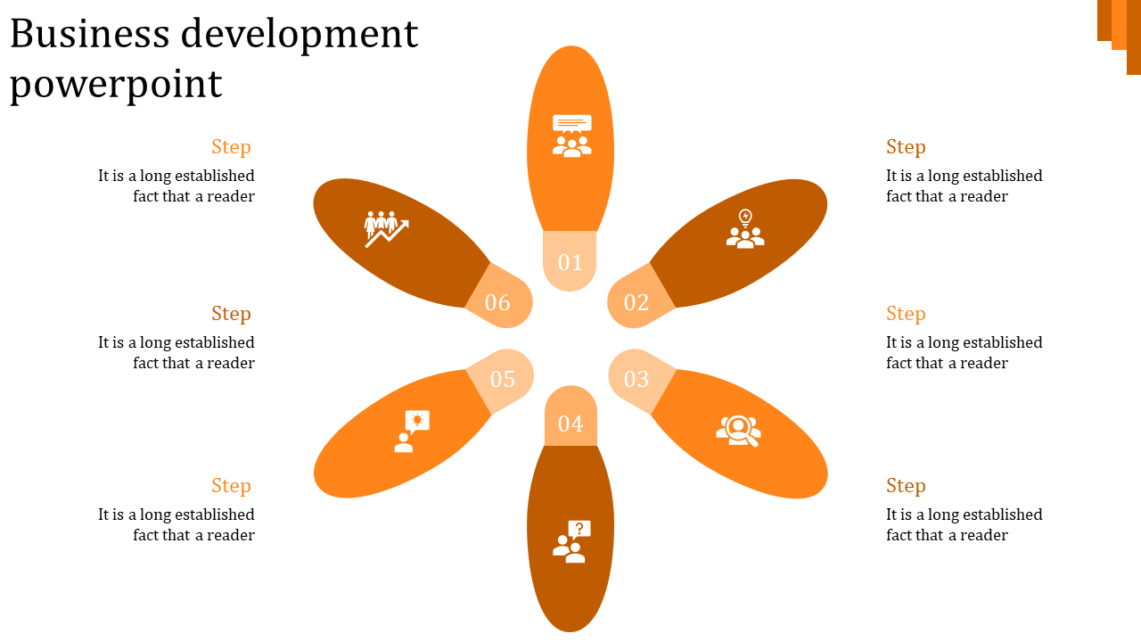 Business development PowerPoint slide with a flower shaped layout showcasing six steps with icons and descriptions.