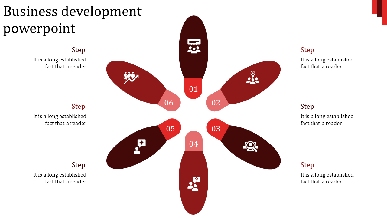 Business development PPT slide with six maroon petals arranged in a circular pattern, each representing a step with icons.