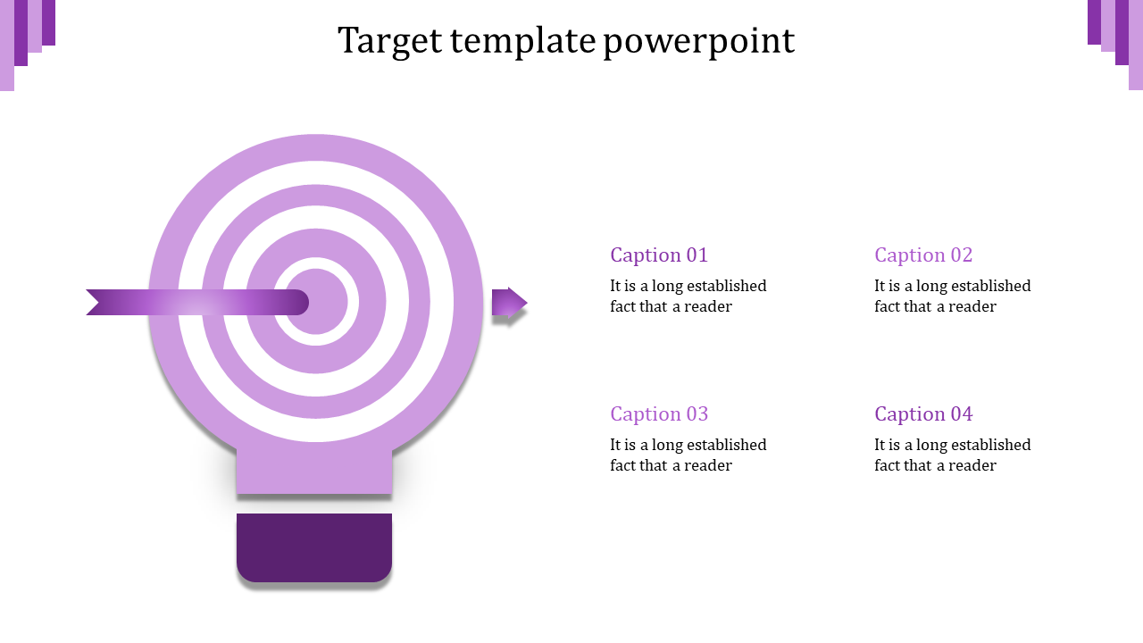 Circular purple target with a gradient arrow in the bullseye and four descriptive captions on the right.