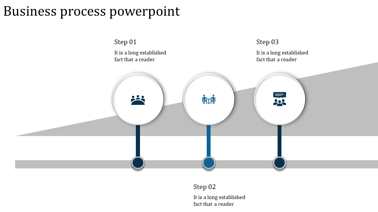 PowerPoint template showing three business process steps with corresponding icons for collaboration.
