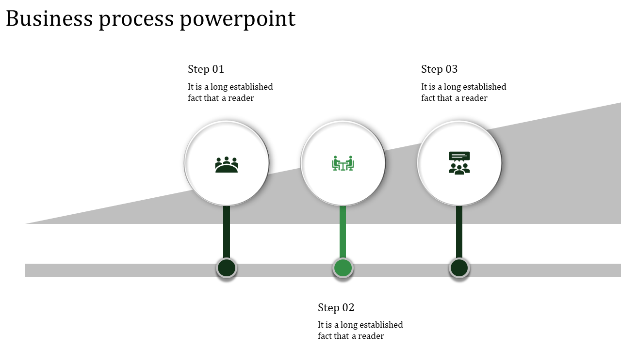 Business process PowerPoint slide with three steps, each represented by icons for teamwork, discussion, and presentation.