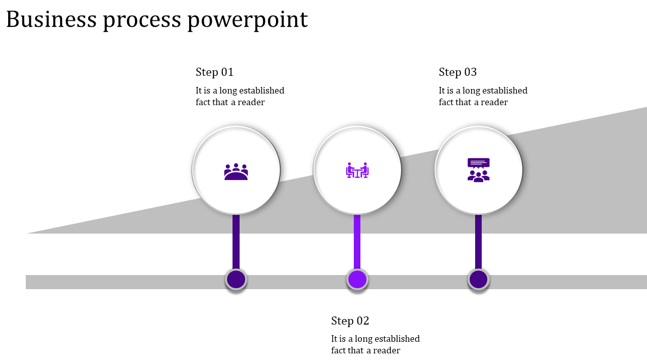 Three step process with purple themed icons in white circles, connected to a slanted gray layout.