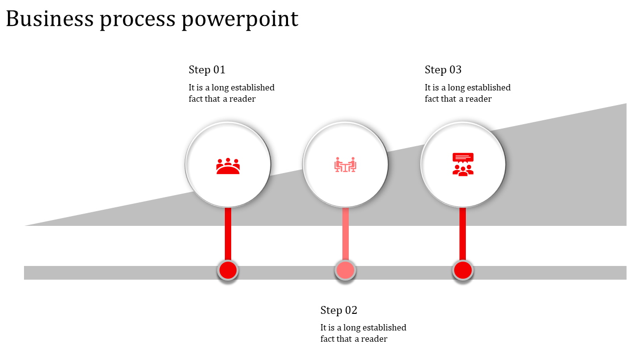 Horizontal layout featuring three white circles with red icons, connected by lines over a slanted gray background.