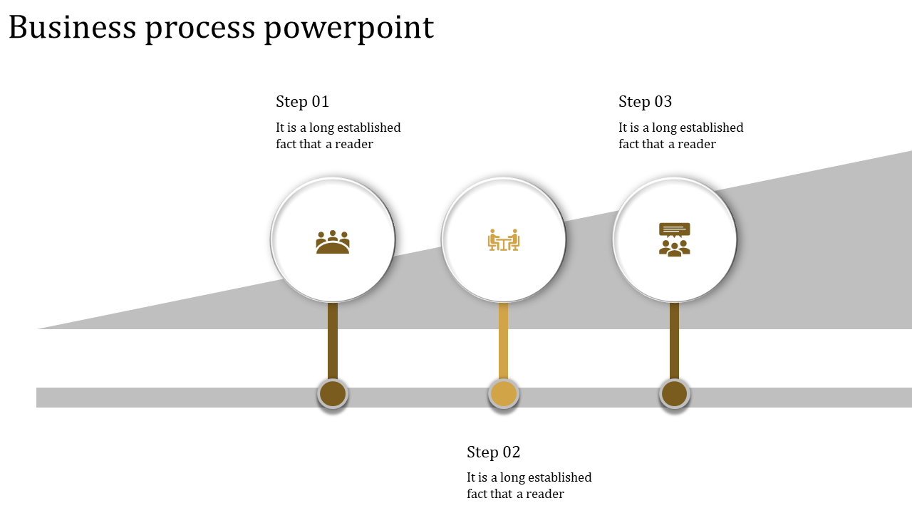 Three-step business workflow infographic with gold icons in circles, arranged along an inclined gray background.