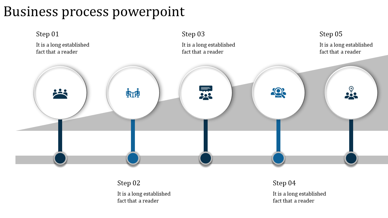Blue highlighted business diagram with five circular icons and a gray sloped background indicating sequential steps.