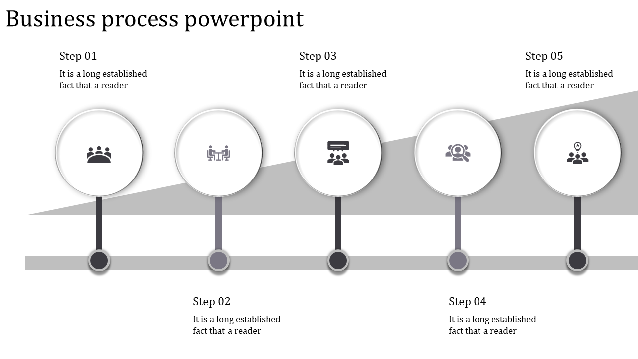Business process PPT slide showing five steps, each represented by a circle and icons with placeholder text.